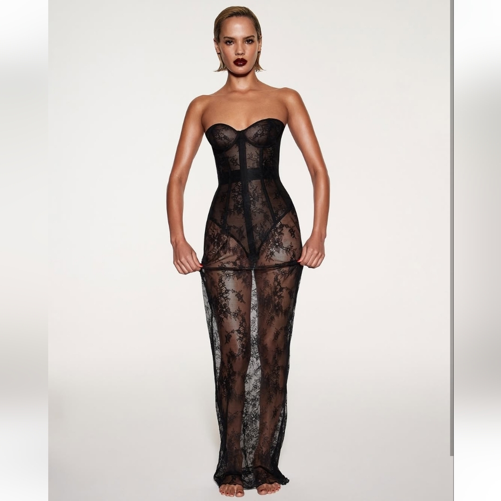1. NWT SKIMS ULTRA FINE LACE STRAPLESS CORSET LONG DRESS - Picture 7 of 14